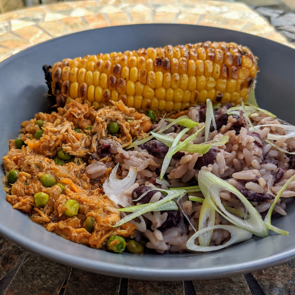 Jerk Chicken with Rice & Peas and Grilled Corn