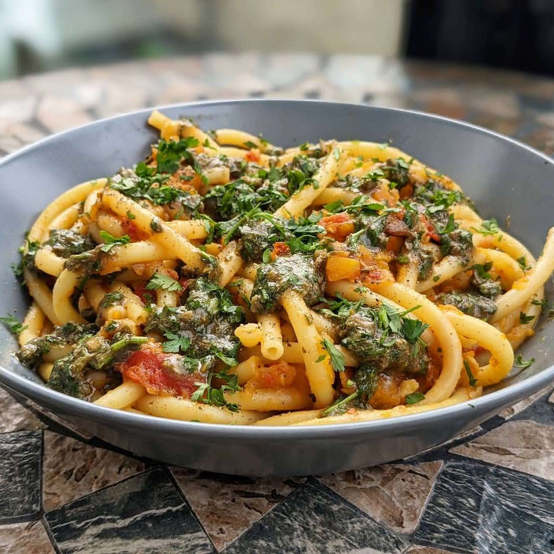 Bucatini Ragu with Salsa Verde