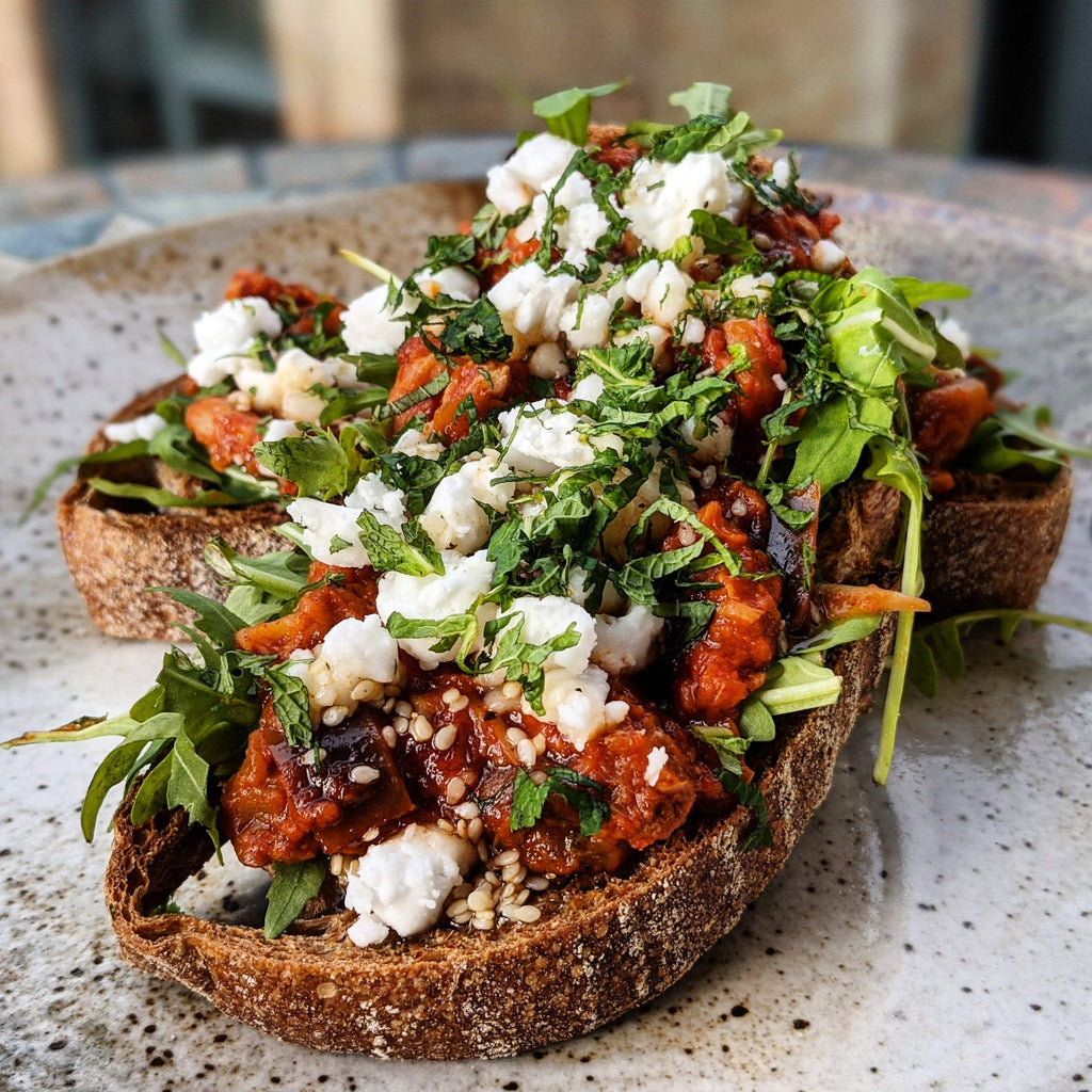 Aubergine Toast with Sesame Honey and Goats Cheese