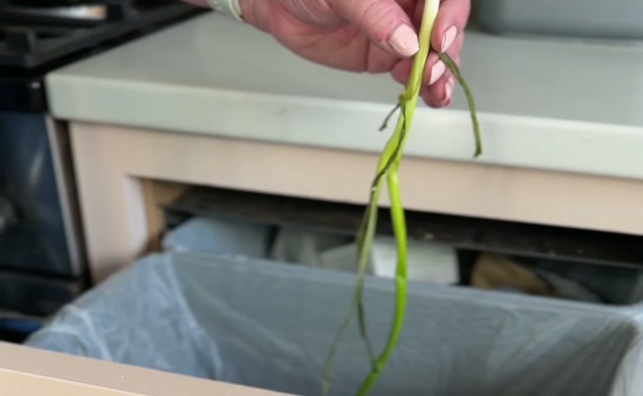 A hand dropping a limp spring onion into an open kitchen bin