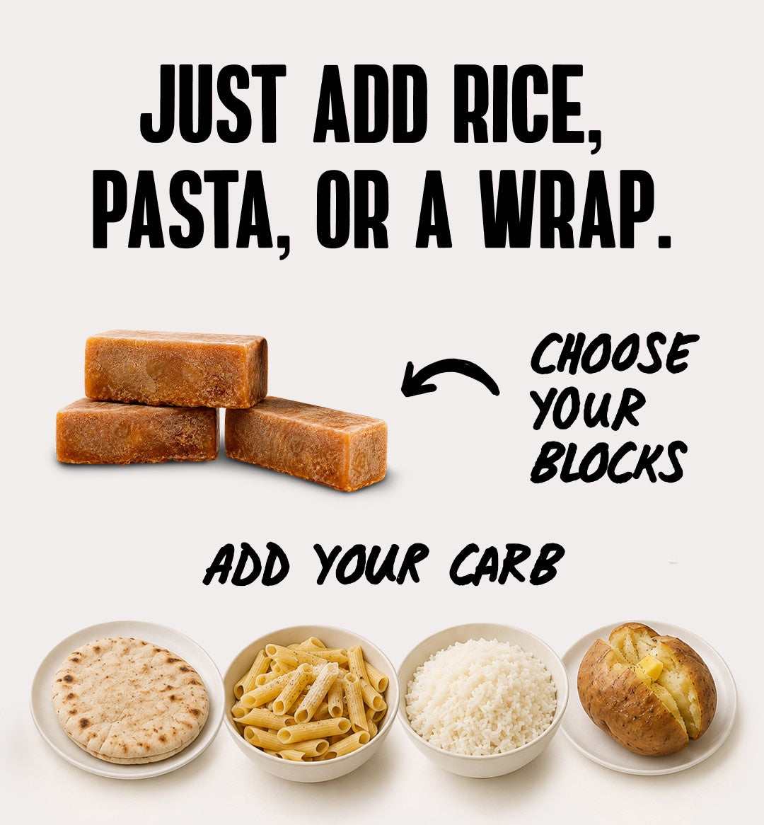 Three Stocked Blocks with a choice of carb: pitta, pasta, rice or a jacket potato