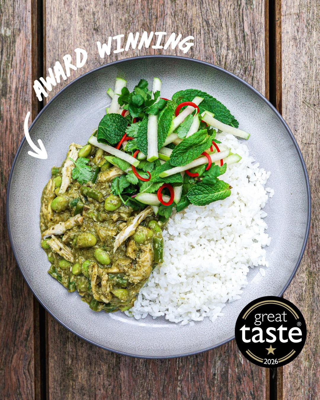 Stocked Thai Green curry with rice, marked award winning, with the Great Taste 2026 roundel
